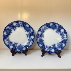 Antique Flow Blue Plates Lois Pattern, New Wharf Pottery, England, Set of 2